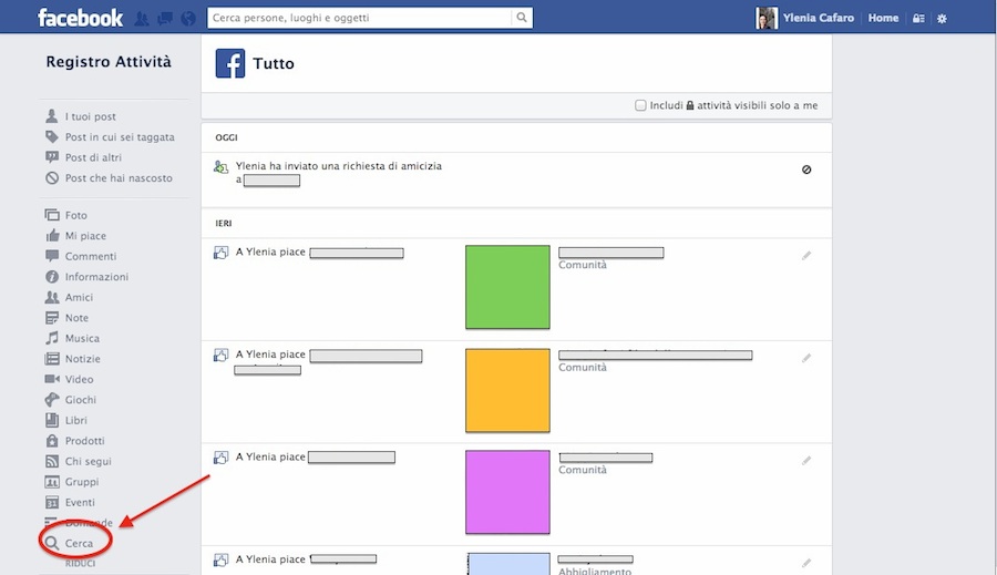 Selezionare Cerca Cronologia ricerca su Facebook