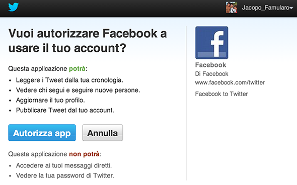 Autorizzare Facebook a usare il vostro profilo Twitter collegare Facebook a twitter