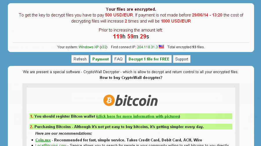 Riscatto in BitCoin Per ottenere la chiave di decodifica dei dati criptati grazie al ransomware che si finge Google Chrome, si chiede un riscatto in bitcoin