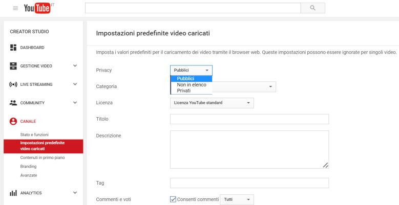 Settaggio delle impostazioni predefinite Proteggere un profilo YouTube: è possibile scegliere le opzioni predefinite, in modo da non doverle inserire manualmente ogni volta.
