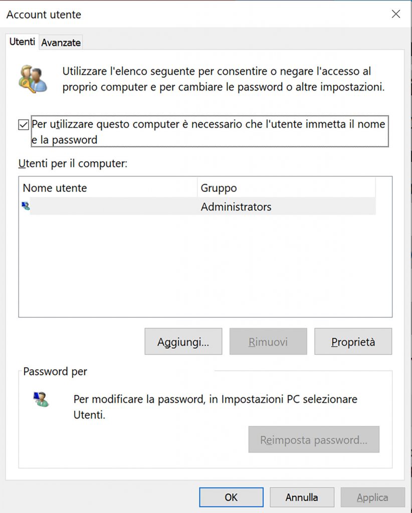 Togliere la password a Windows 10