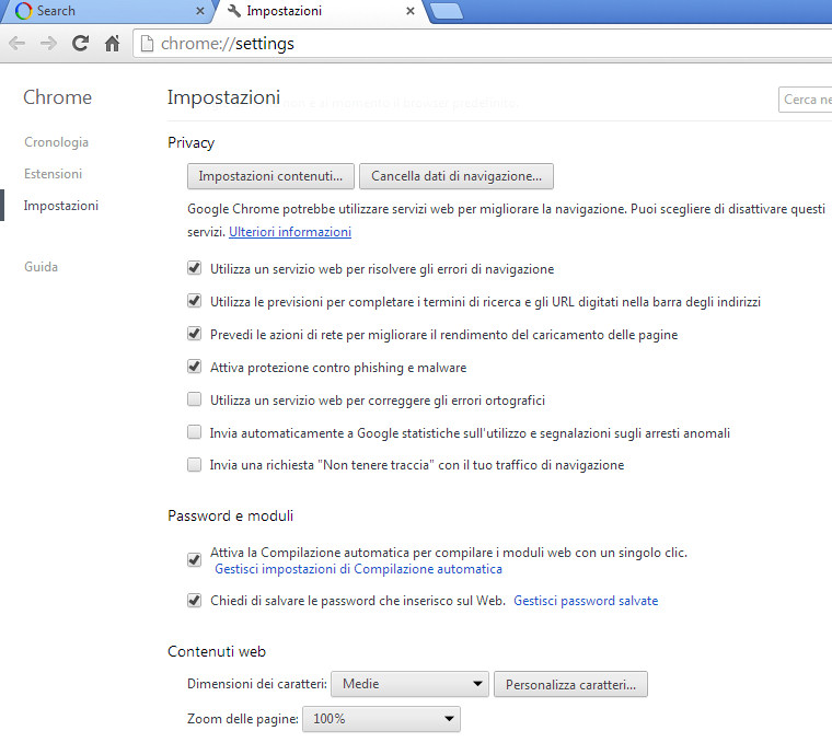 Impostazioni privacy di Chrome