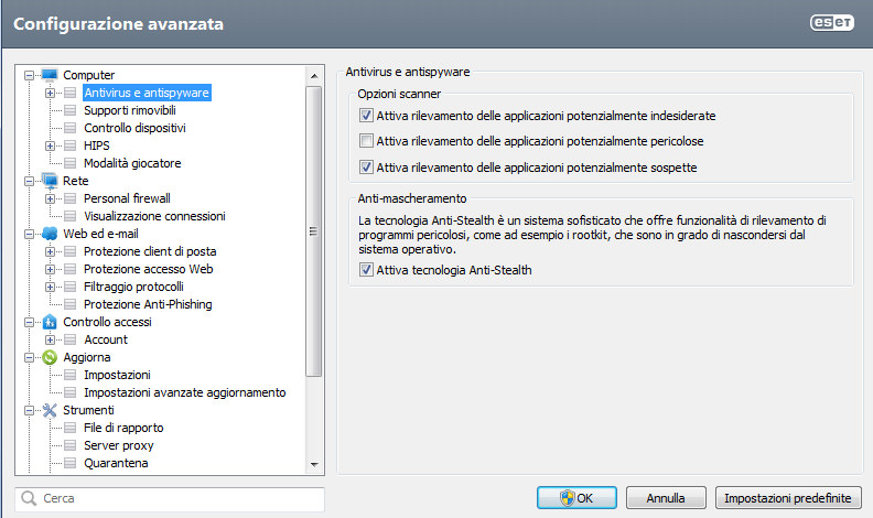 Impostazioni avanzate di Eset Nod32 Eset Nod32, configurazione avanzata