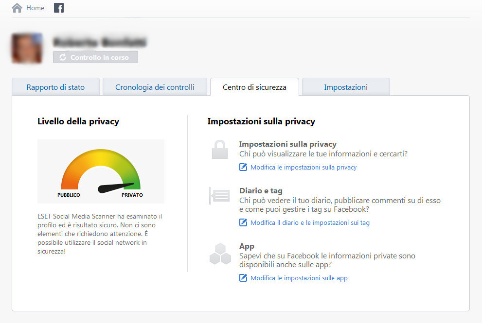 Centro sicurezza Eset, social media scanner Social media scanner di Eset