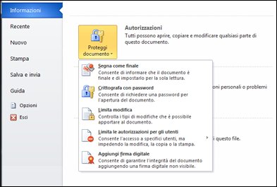 Opzioni di protezione di un documento