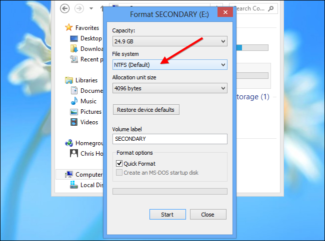 Installare app Windows su scheda SD - Passo 4: selezionare NTFS e premere AVVIA