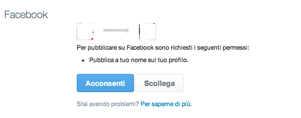 Impostazioni per autorizzare il collegamento tra gli account Facebook e Twitter