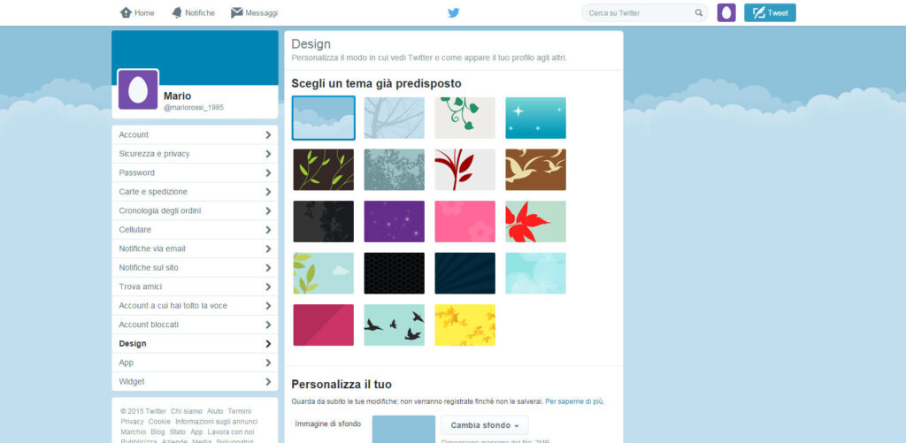 Twitter: l'opzione "Design" permette di personalizzare al meglio la grafica del profilo.