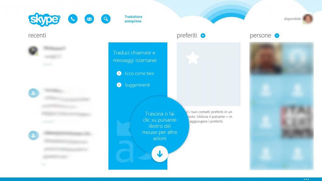 Skype Translator, come funziona: la schermata principale riprende tutte le funzioni di Skype, dai contatti alle attività recenti.