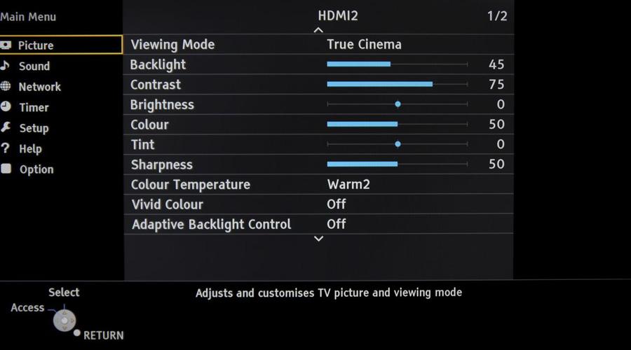 Panasonic Viera AS650, il menù principale offre numerose opzioni per la regolazione delle immagini.