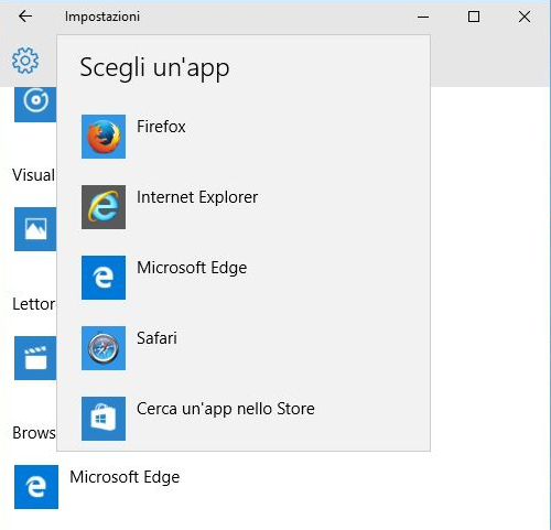 Come cambiare browser in Windows 10: nella finestra Scegli app, scegliere il browser che si vuole impostare come predefinito