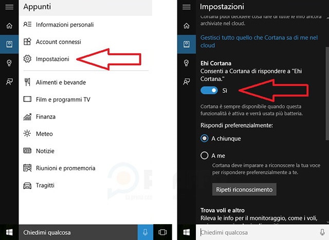 Come usare e personalizzare Cortana su Windows 10. In Impostazioni si può selezionare l'opzione per attivare Cortana ogni volta che si pronuncia la frase Ehi Cortana