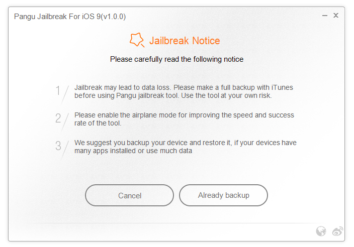 Il jailbreak di iOS 9. La guida completa. Una schermata di raccomandazioni ci mette in guardia dal pericolo di perdita dati.