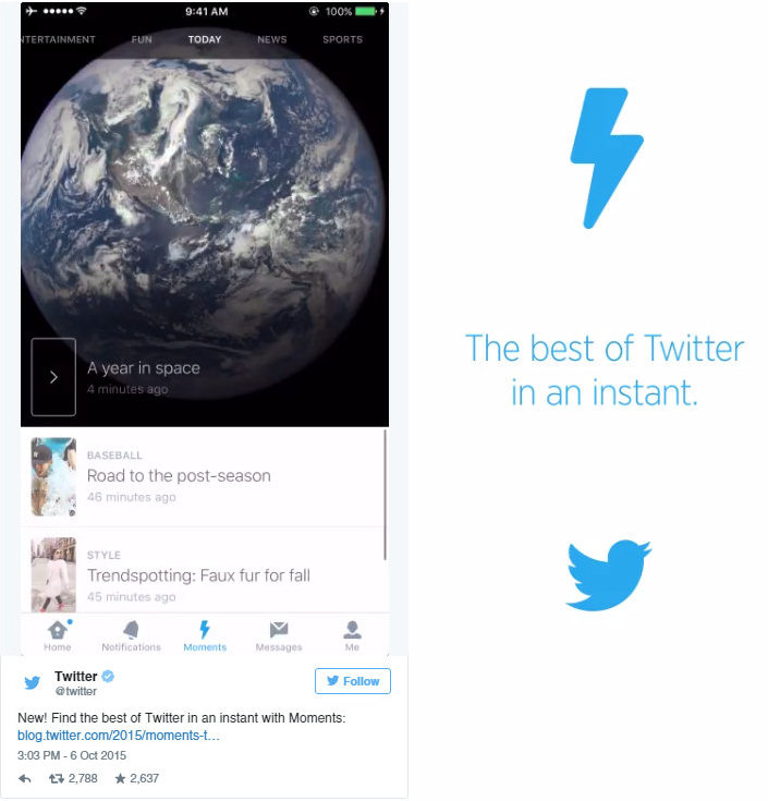 Twitter Moments: come funziona. L'icona a forma di fulmine permette di accedere alle schede e alle relative raccolte di contenuti.