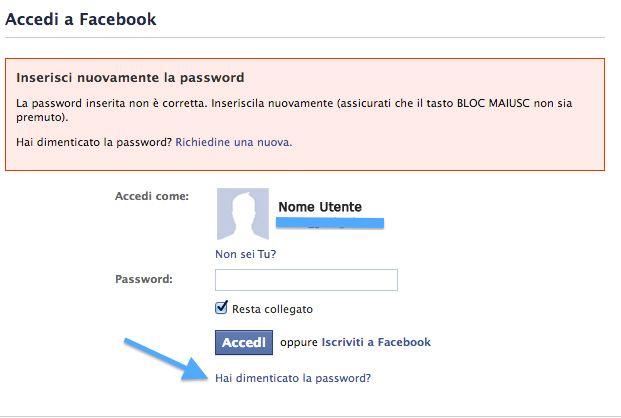 Profilo Facebook rubato - inserimento password (immagine esemplificativa resa anonima)