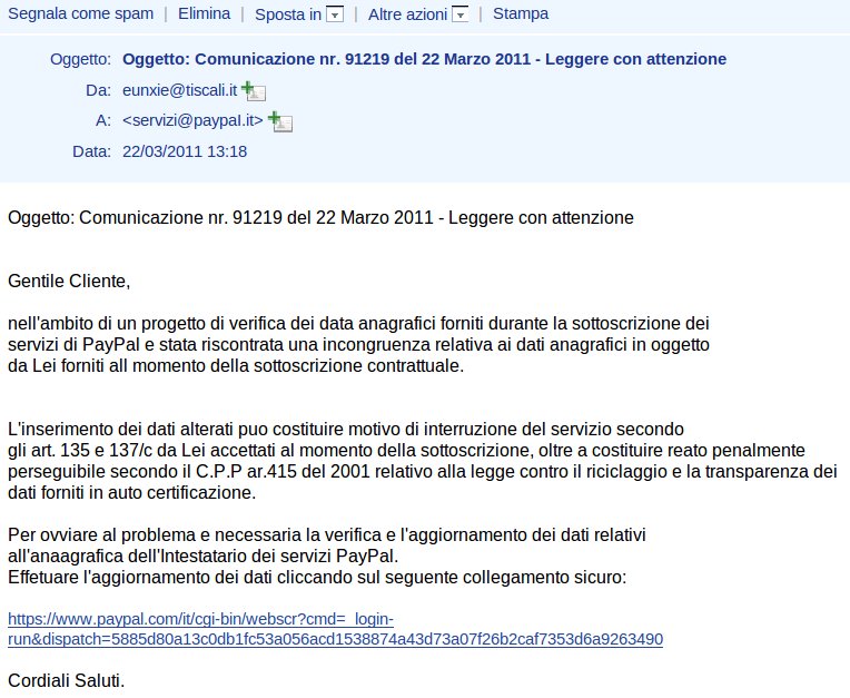 Di norma, è necessario diffidare sempre circa l'autenticità dei messaggi e-mail di PayPal. In caso di dubbio, inoltrare il messaggio all'indirizzo spoof@paypal.it per ottenere assistenza.