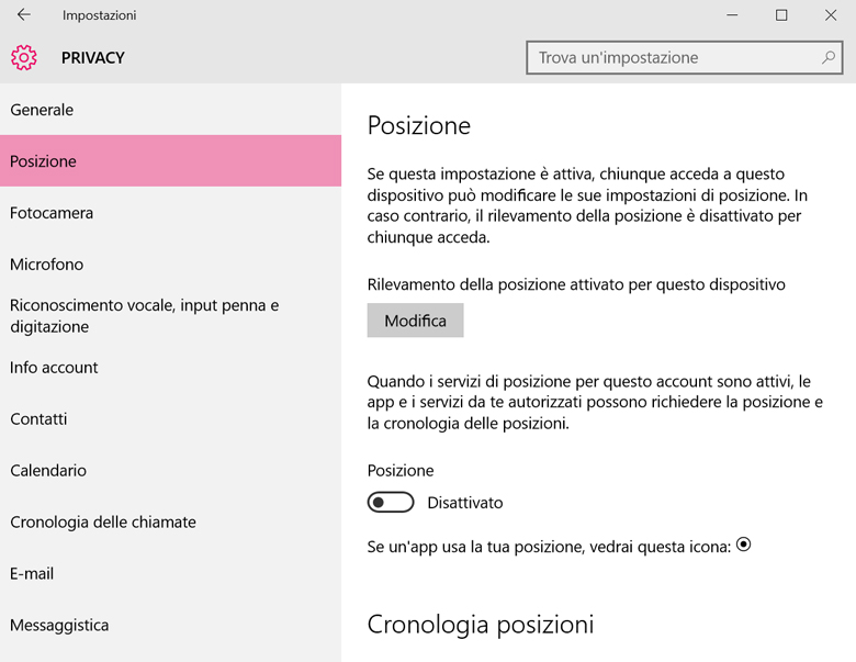 Proteggere Windows 10: il rilevamento della posizione è attivato di default e consente a Microsoft e alle app di localizzarci con buona precisione su una cartina. Anche se non abbiamo un sensore GPS.