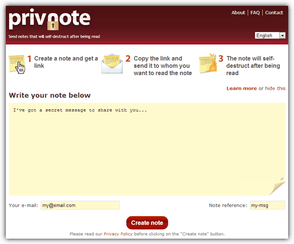 Privnote è un ottimo servizio gratuito che permette di inviare messaggi che si autodistruggono