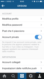 Le opzioni di privacy Instagram sono raccolte all'interno del menù Impostazioni