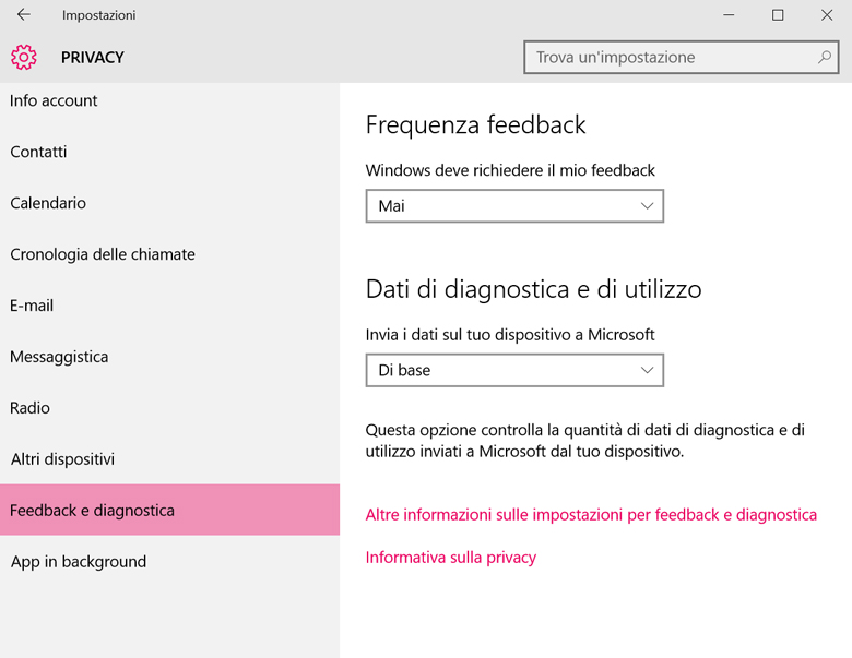 Sicurezza Windows 10: da "Feedback e diagnostica" è possibile limitare il numero di dati personali raccolti da Microsoft sul nostro conto.