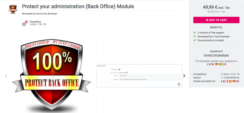 migliori plugin di sicurezza per PrestaShop Protect Back Office