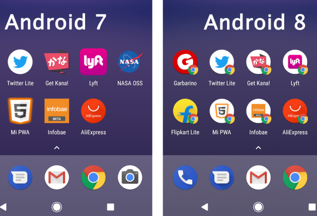Mentre in Android 7 le icone erano scontornate, in Android 8 Oreo vengono ridimensionate ed inserite in un circolino. Tenendo premuto il dito, si aprono delle scorciatoie per la specifica applicazione