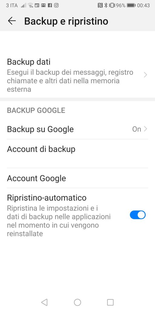 Back up e ripristino Android