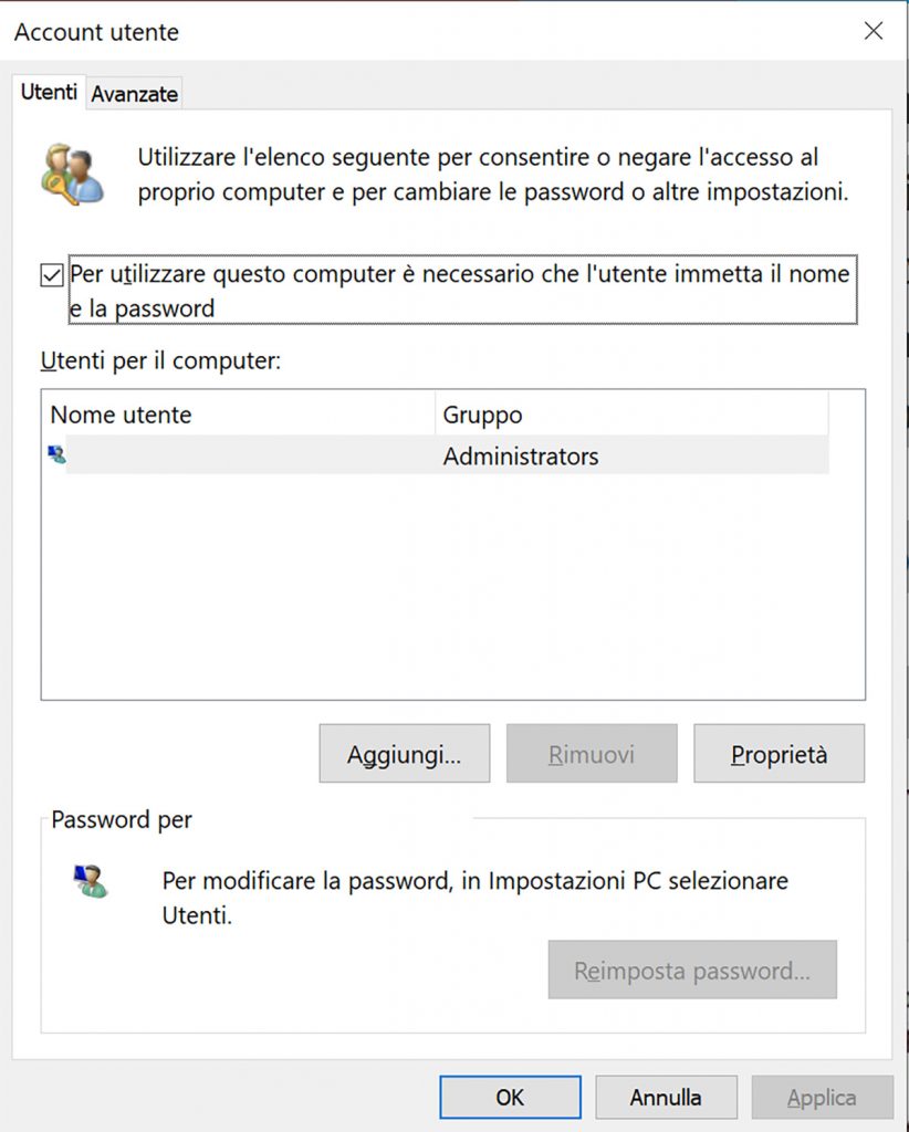 Togliere la password a Windows 10